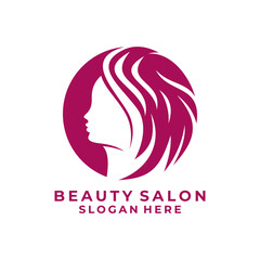 Beauty Salon with Women Head, Hair and circle logo design vector template