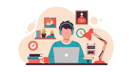 Focused person working or studying on a laptop at a desk with headphones, surrounded by books and plants. Ideal for remote work, online learning, or digital lifestyle concepts.