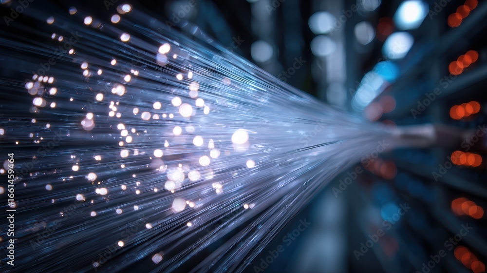Poster medium shot of glowing fiber optic cables transmitting highspeed data with sharp focus on bright str