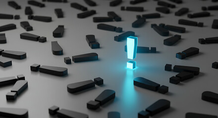 A single glowing blue exclamation mark stands out from a crowd of fallen black ones, symbolizing a unique idea, innovation, and leadership.