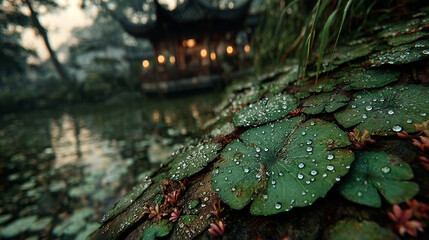 Emerald lotus leaves cover the palace roof, with dewdrops glistening in the soft morning light