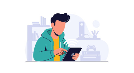 Young person using a tablet at home, engaging with technology for leisure or communication. Represents modern connectivity and digital lifestyle.