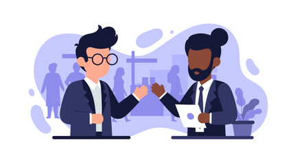 Professional business discussion between diverse colleagues in an office, illustrating partnership, agreement, or a successful meeting.