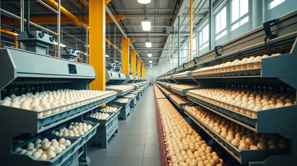 Obraz premium Sorting eggs in a fast paced commercial egg production facility in a factory