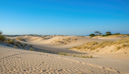 “A serene natural background of rolling sand dunes with patches of grass and a few scattered trees, under a clear blue horizon.”
