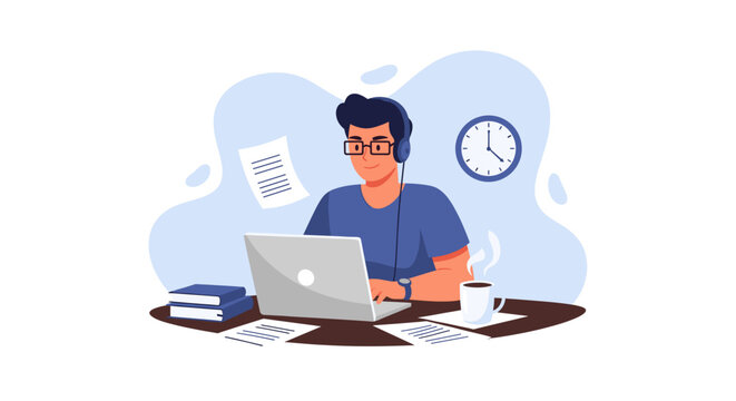 Young man in headphones working remotely on laptop with coffee and books, illustrating productivity and modern flexible work or study lifestyle.
