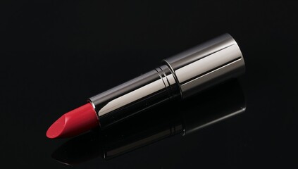 Red lipstick with a metallic silver case on a glossy black background, studio shot.