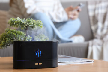 Air humidifier with bonsai tree on table against woman using mobile phone in living room, closeup