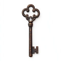 Antique-style key, copper-toned, ornate design, isolated on white background