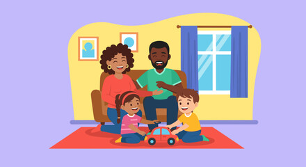 Happy African American family enjoying quality time at home. Parents watch as their joyful children play with a toy car on the living room rug, illustrating family bonding and leisure.