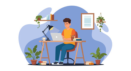 Young man working productively on his laptop at a modern home office desk, surrounded by plants and books. Ideal for themes of remote work, education, and focused learning.