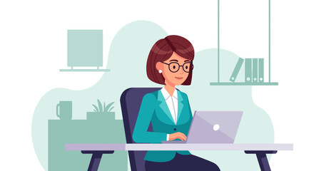 Professional businesswoman in glasses focused on her laptop at an office desk. Ideal for concepts of productivity, remote work, and career success.