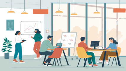 Fototapeta premium Dynamic team of professionals collaborating in a vibrant, open-plan office. Illustrates modern workplace productivity, teamwork, and business strategy.