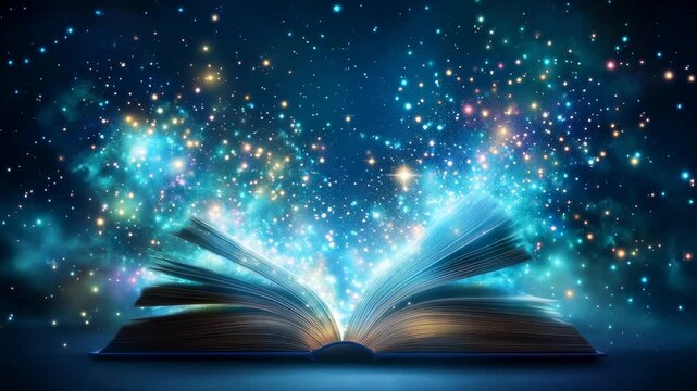 Fantasy book open with magical glowing stars and light particles emerging, suggesting imagination, wonder, and storytelling in a dreamy atmosphere
