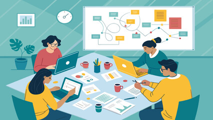 Diverse team collaborating actively in an office, using laptops and analyzing data for strategic business planning. Illustrates teamwork, productivity, and project development.