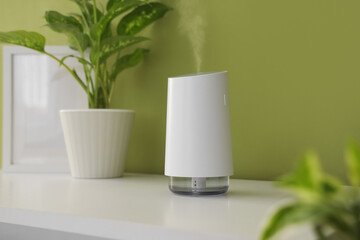 Air humidifier with plant on shelf near green wall in room, closeup