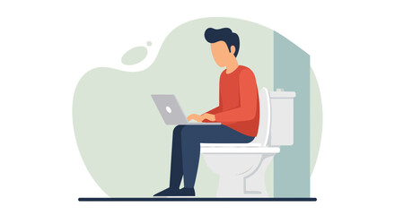 Man working on laptop while sitting on the toilet, representing remote work, multitasking, and the challenges of modern work-life balance.