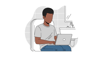 African American man works on a laptop while sitting on the toilet, depicting remote work, multitasking, and modern digital life.