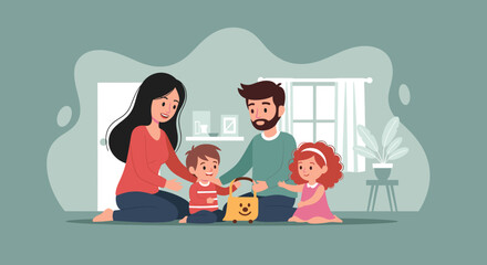 A happy family with two parents and two young children playing together at home, symbolizing love, care, and joyful childhood moments.