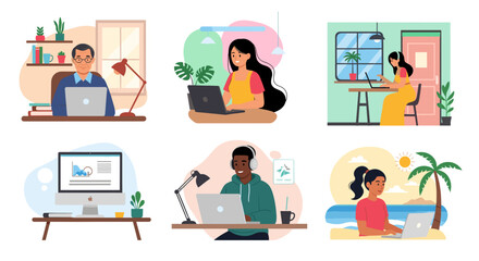Diverse people working remotely from various locations, symbolizing modern work-life balance, flexible employment, and digital nomad lifestyle.