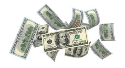 Abundant scattered us dollar bills isolated on transparent background money rain currency wealth transparent background