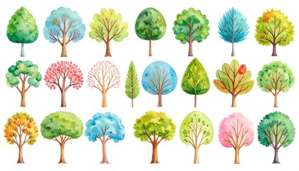 Obraz premium Colorful watercolor tree illustrations