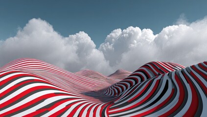 Abstract landscape with swirling, striped hills under a cloudy sky