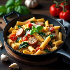 A rustic food photography shot of a skillet filled with creamy Italian penne pasta. The dish includes juicy sausage pieces, saut&eacute;ed spinach, red bell peppers, and fresh tomatoes, topped with grated Pa