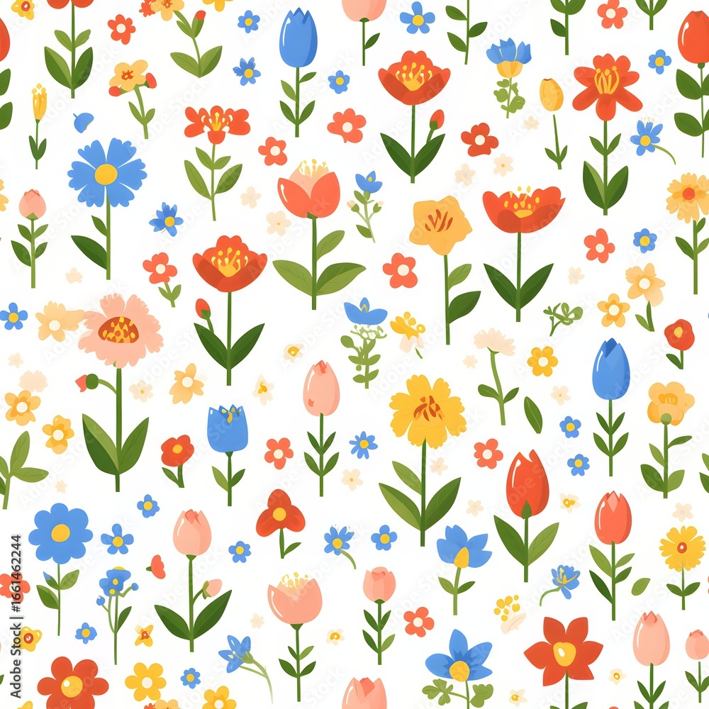 Poster flat design seamless pattern with colorful spring flowers and green leaves. botanical print for text