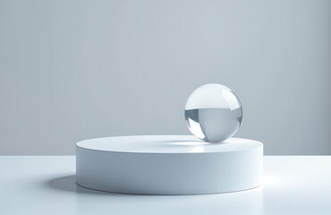 minimalist podium pale frost platform tiny glass sphere catching cold light simple