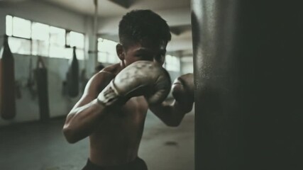 Boxer's Focus: A determined boxer concentrates on training, punching a heavy bag with a focused gaze, highlighting strength, discipline, and the dedication within the training gym.
