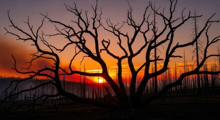 Obraz premium Photo of silhouette of a dead tree with bare branches against a dramatic sunset sky with smoke from a wildfire in the background, symbolizing destruction and natures power