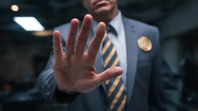 Stop Gesture: A professional man in a suit extends his hand forward, a clear indication of stop in a controlled setting, emphasizing authority and command.