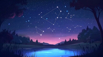 Starry night landscape over lake