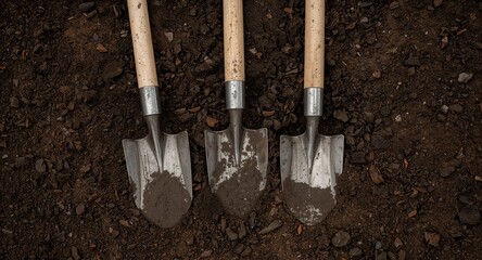 Three dirty gardening shovels placed on rich, dark soil ready for planting, farming.