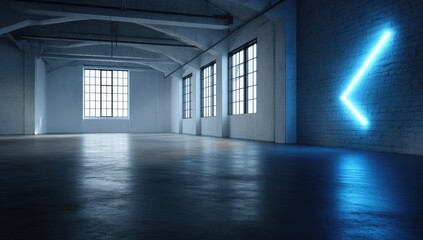 Empty industrial space, illuminated by vibrant blue neon