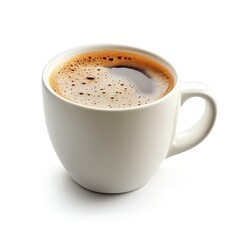 White mug filled with dark coffee, frothy top, isolated on white background