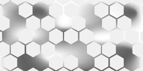 Light gray hexagonal technology vector abstract background. White bright energy flashes under hexagon in technology futuristic modern background vector illustration. White honeycomb texture grid.
