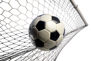 Soccer Ball in Goal Net Isolated on White Background as Transparent. PNG. AI GENERATED