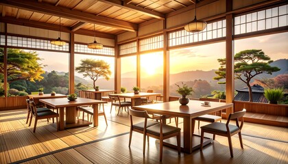 Fototapeta premium Japanese Zen Restaurant with Scenic Sunset View Tranquility Dining.