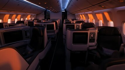 empty luxury airplane business class cabin with warm lighting