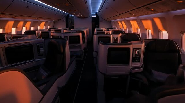 empty luxury airplane business class cabin with warm lighting