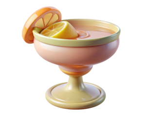 Stylized cocktail glass with citrus slices filled refreshing drink beverage smooth shading 3d illustration isolated on transparent background