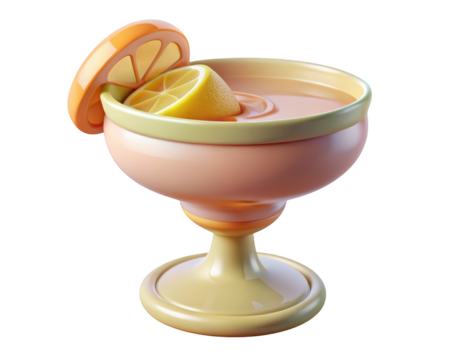 Stylized cocktail glass with citrus slices filled refreshing drink beverage smooth shading 3d illustration isolated on transparent background