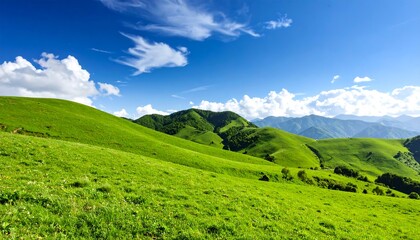 Fototapeta premium Lush green hills under a bright blue sky with fluffy clouds in springtime.