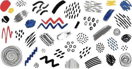 Intricate geometric brush strokes collection. Abstract geometric bold lines and dots. Hand drawn bold grunge shapes, curved and zigzag lines. Naive sketchy marker strokes for collages, banners
