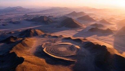 Aerial view of a circular, geological formation in a vast, arid landscape at sunrise