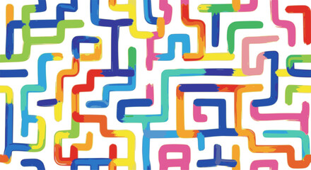 Funky geometric maze colorful seamless pattern. Bold brush drawn curved and zigzag lines with dots.
