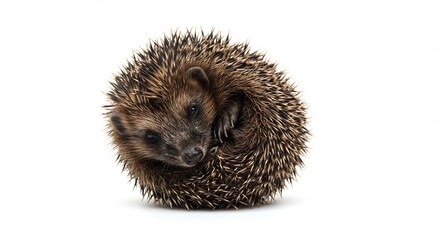 H�risson mignon se roule paisiblement fond blanc lumi�re douce. AI Generated