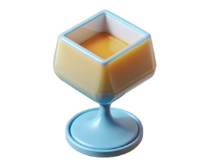 Stylized isometric wine glass with orange drink inside blue details and backdrop 3d illustration isolated on transparent background